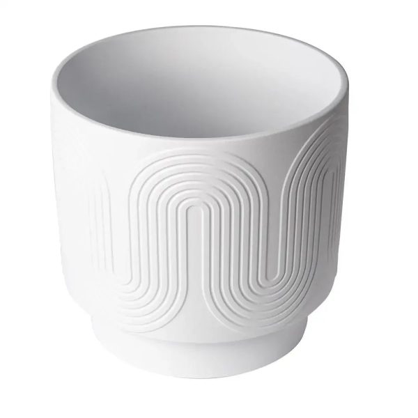 12" White Ceramic Planter Grooved Wave Design - Image 4
