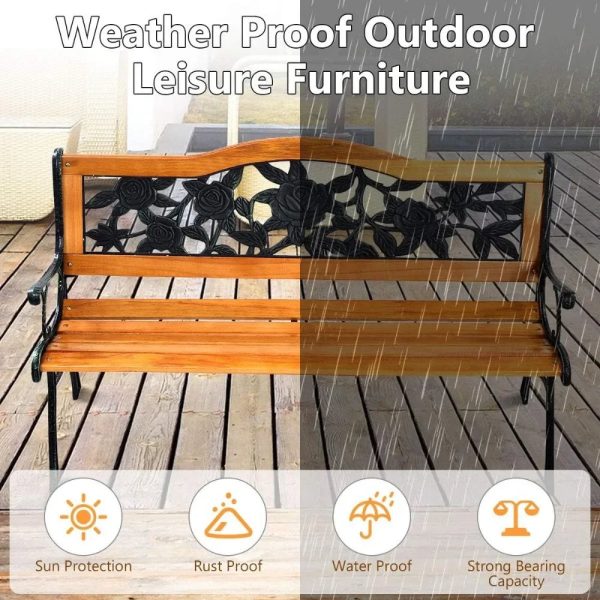 50 Inch Patio Bench Cast Iron Hardwood - Image 2