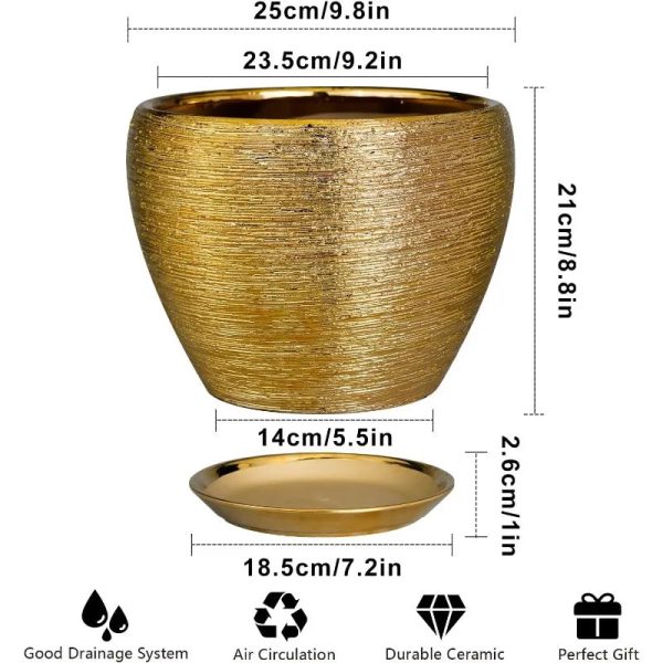 10 Inch Ceramic Planter with Drainage Hole and Saucer - Image 4