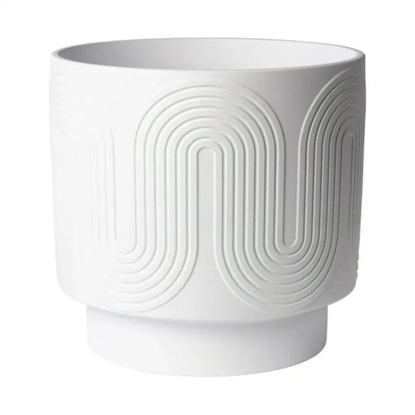 12" White Ceramic Planter Grooved Wave Design - Image 7