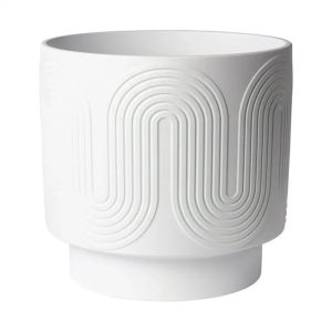 12" White Ceramic Planter Grooved Wave Design