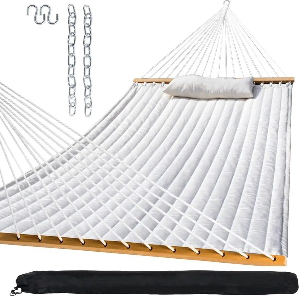 Outdoor Quilted Fabric Hammock with Spreader Bars and Detachable Pillow and Chains - Image 9