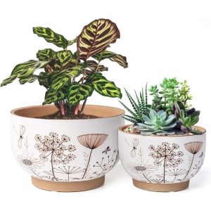 8 Inch + 6 Inch White &Terracotta Flower Pots with Drainage Holes