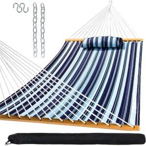 Outdoor Quilted Fabric Hammock with Spreader Bars and Detachable Pillow and Chains