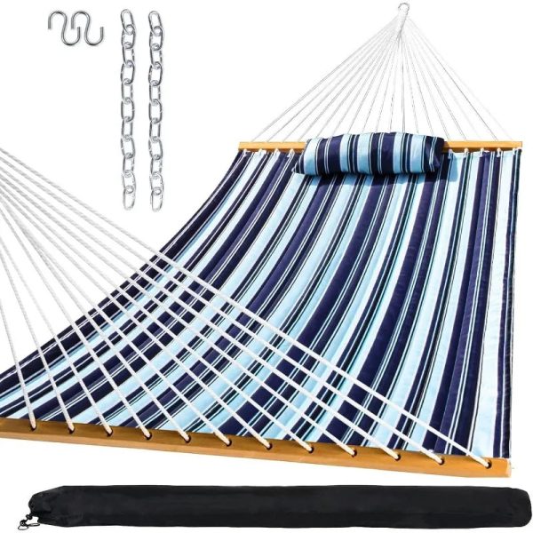 Outdoor Quilted Fabric Hammock with Spreader Bars and Detachable Pillow and Chains