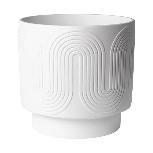 12" White Ceramic Planter Grooved Wave Design - Image 2