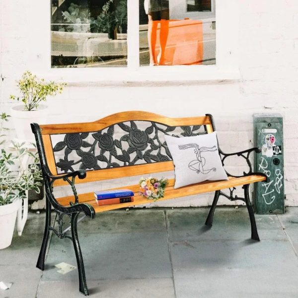 50 Inch Patio Bench Cast Iron Hardwood - Image 5