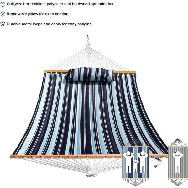 Outdoor Quilted Fabric Hammock with Spreader Bars and Detachable Pillow and Chains - Image 3