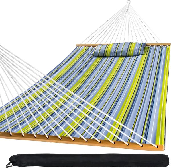 Outdoor Quilted Fabric Hammock with Spreader Bars and Detachable Pillow and Chains - Image 7